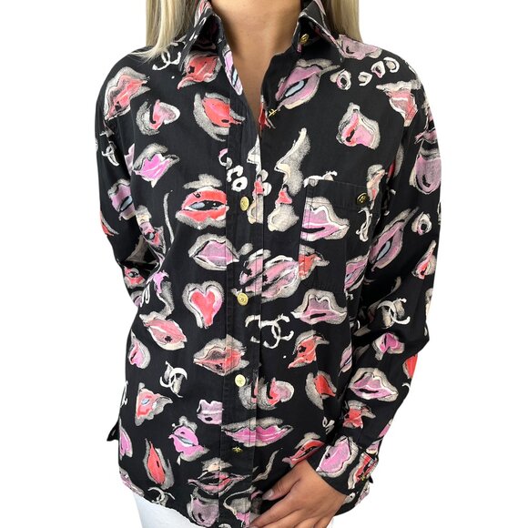 CHANEL Vintage 1995 CC Logo Lip Print Shirt Blouse Top Button Black [105429]